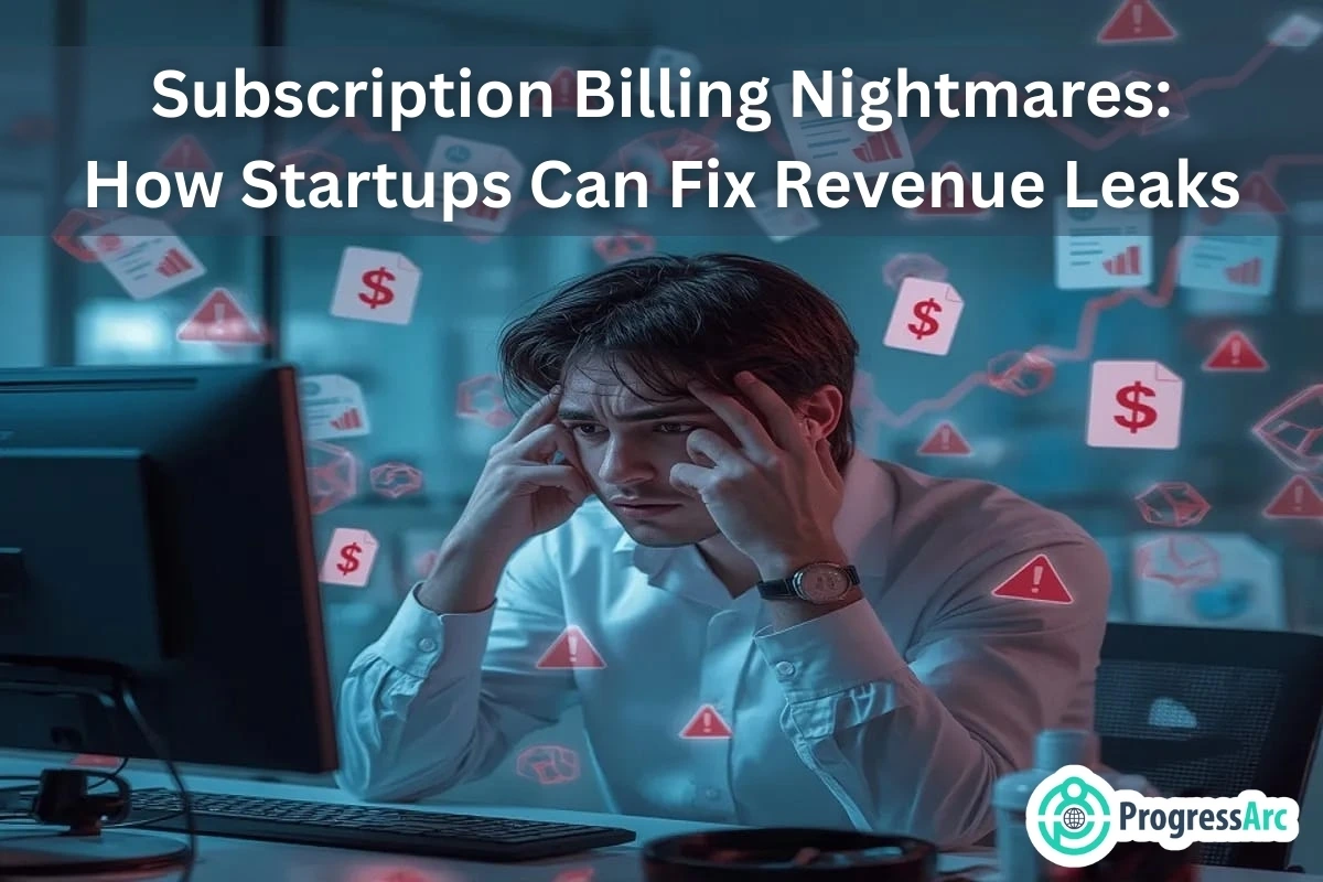 A stressed man sits at a computer, surrounded by floating alert icons, with text about subscription billing problems and fixes for startups. The recurring billing experts at ProgressArc logo is in the corner.