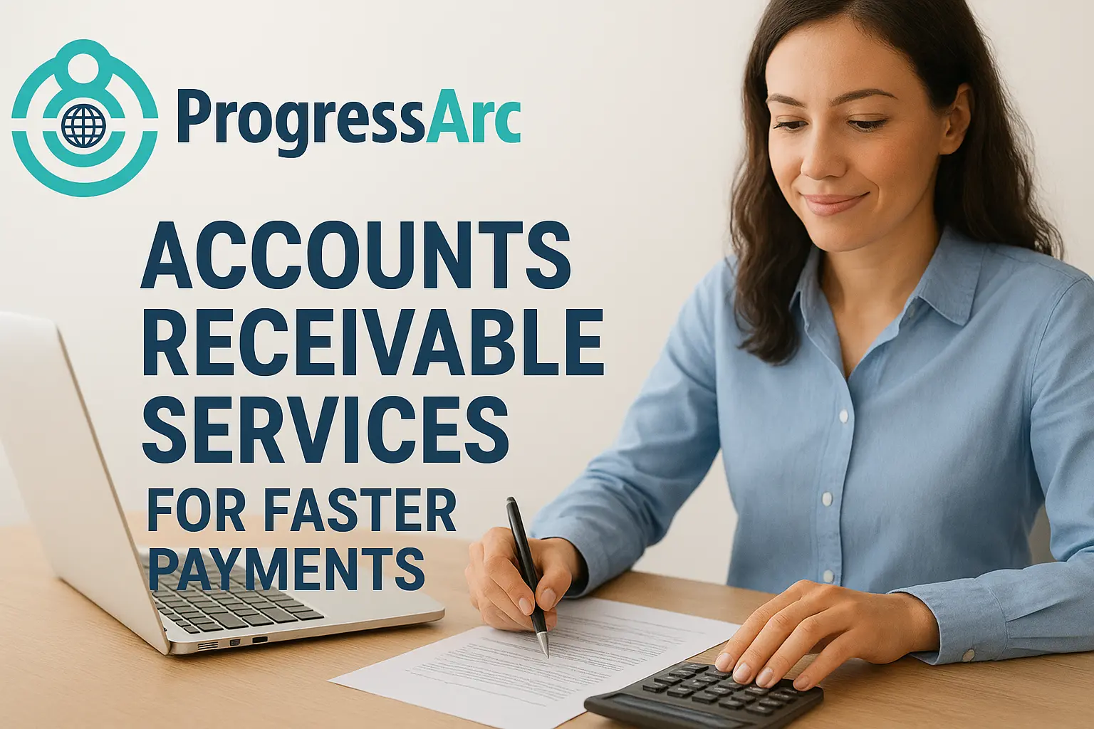 Smiling woman in blue shirt uses calculator at desk. Text reads: ProgressArc Accounts Receivable Services for Faster Payments.