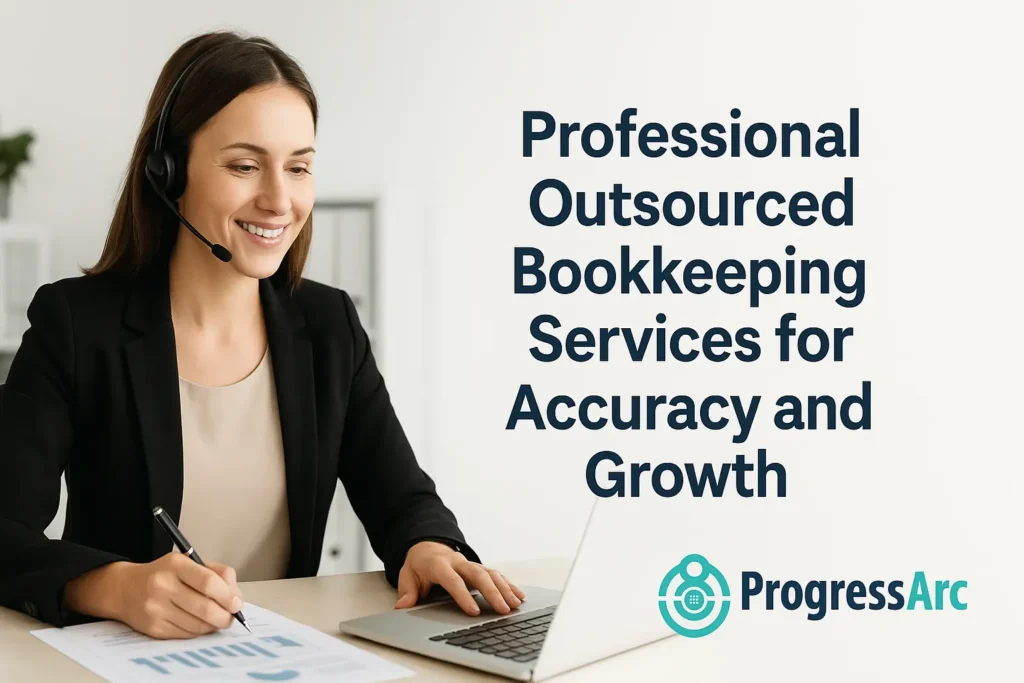 A woman in a headset smiles while using a laptop and writing notes. text " Outsourced Bookkeeping Services"
